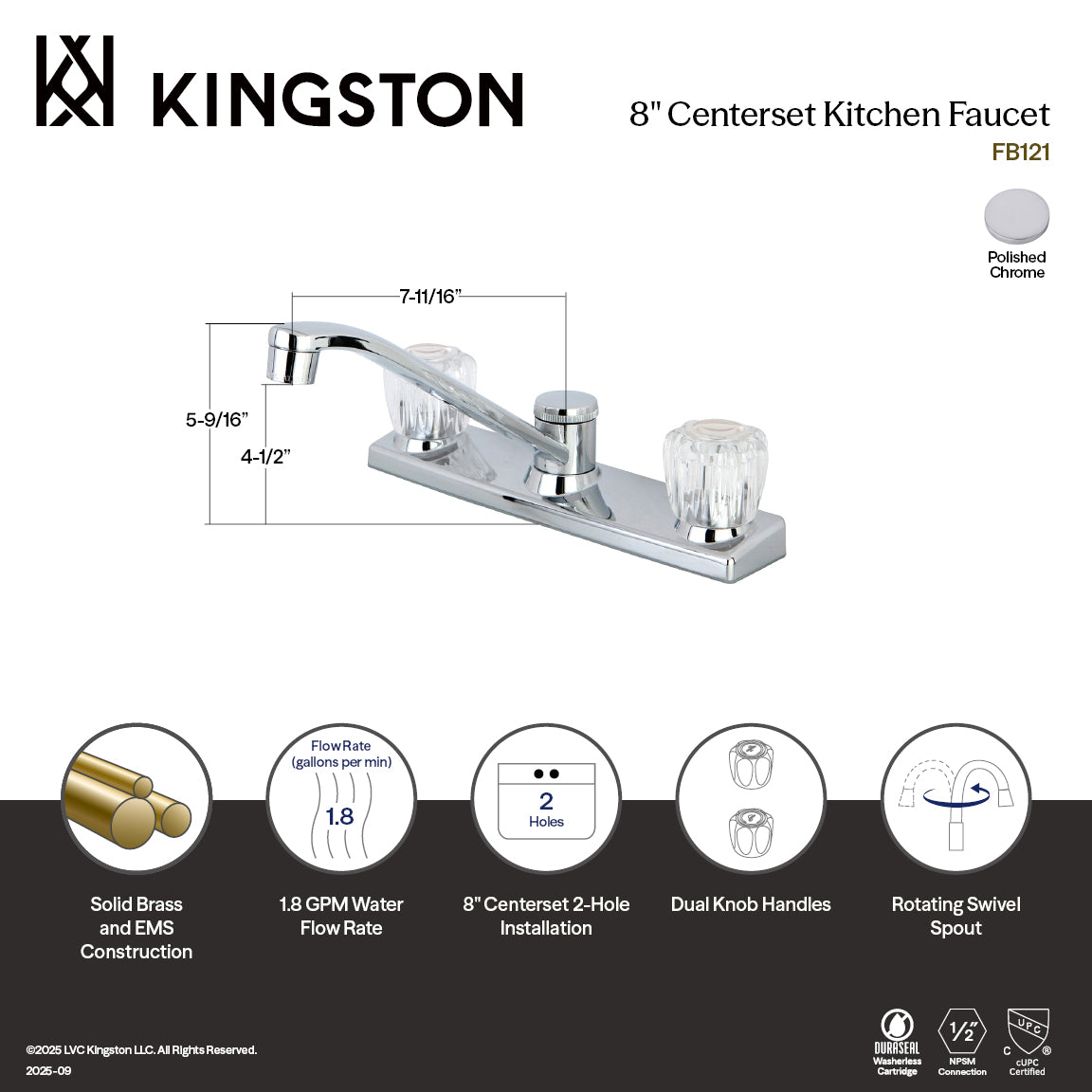 Kingston Tulare FB121 - Columbia Two-Handle 2-Hole 8" Centerset Kitchen Faucet, Polished Chrome — thumbnail 2